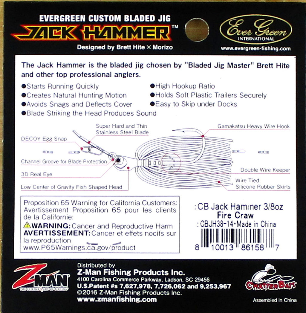 Z-Man Evergreen 3/8 Oz Jackhammer Chatterbait Fishing Lures Fire Craw