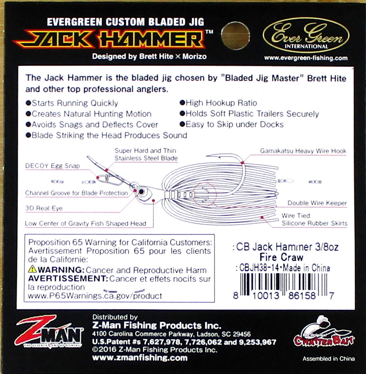 Z-Man Evergreen 3/8 Oz Jackhammer Chatterbait Fishing Lures Fire Craw